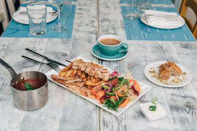 High angle view of breakfast on table