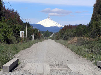 Dirt road amidst trees leading towards snowcapped mountain