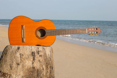 Guitar on tree stump at beach