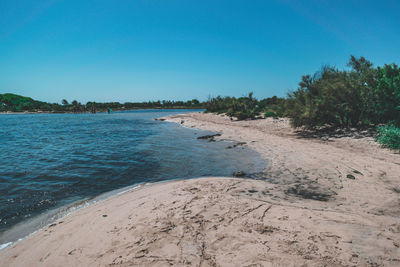 Scenic view of beach against clear blue sky