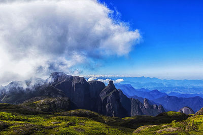 Scenic view of mountains against blue sky