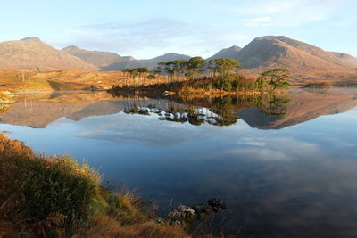 Scenic view of lake and mountains against sky