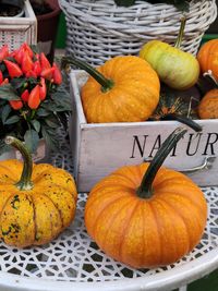 High angle view of pumpkins for sale at market stall