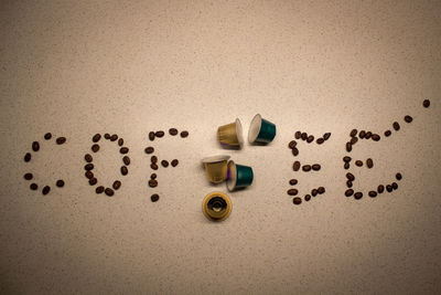 High angle view of coffee cup on table