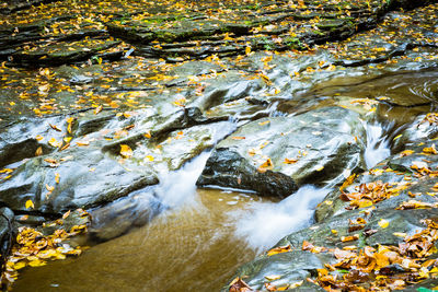 High angle view of stream flowing through rocks