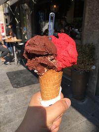 Close-up of hand holding ice cream cone