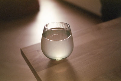 High angle view of drink in glass on table