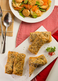 High angle view of food in plate on table