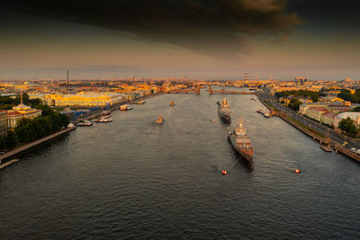 High angle view of city at sunset