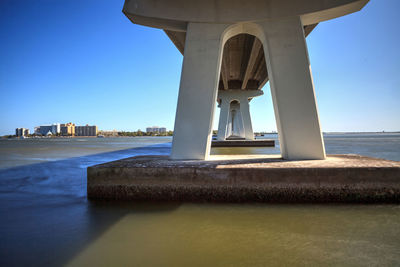 Bridge over sea against clear sky