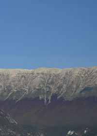 Scenic view of mountains against clear blue sky