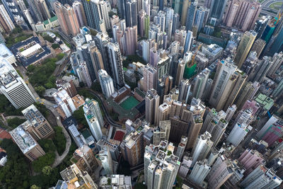 High angle view of modern buildings in city