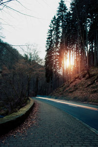 Road amidst trees against sky during sunset