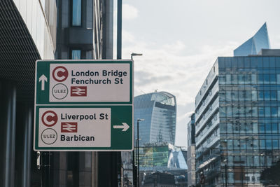 Road sign by buildings against sky in city