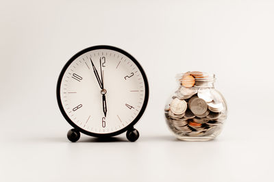 Close-up of alarm clock on white background