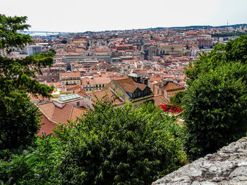 High angle view of townscape against clear sky