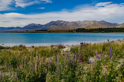 Scenic view of sea and mountains against sky