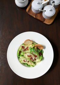 High angle view of food served on table