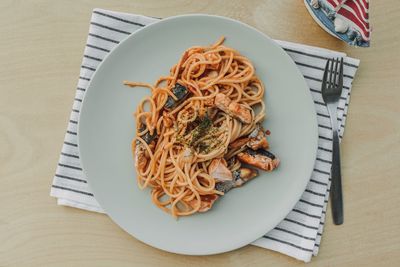 High angle view of noodles in plate on table