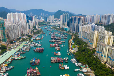 High angle view of buildings in city