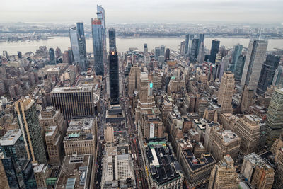 High angle view of modern buildings in city