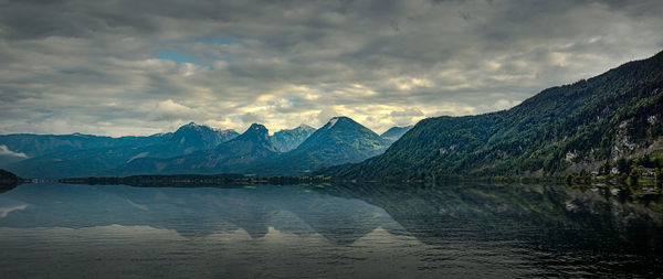 Scenic view of lake against cloudy sky