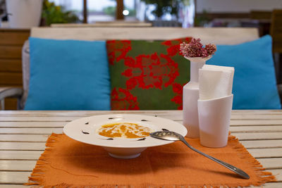 Close-up of breakfast on table in restaurant