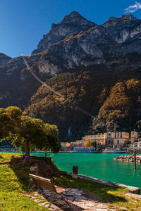 Scenic view of lake and mountains against sky