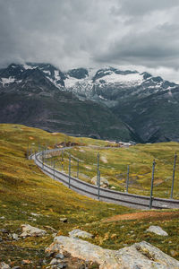 Railway in gornergrat mountains near zermatt, swiss alps. adventure in switzerland, europe.