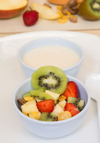 High angle view of fruits in bowl on table