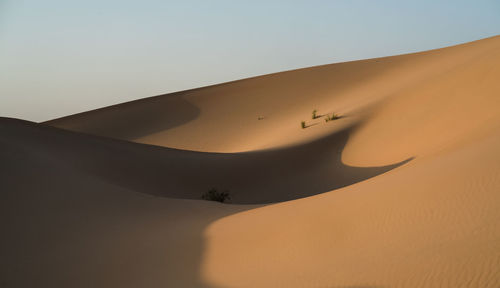 Low angle view of sand dunes against clear sky