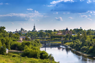 View of torzhok with tvertsa river in summer, russia