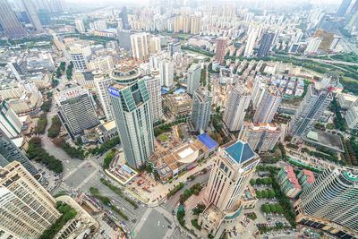 High angle view of city buildings