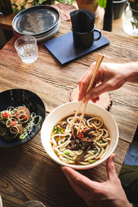 High angle view of food served on table