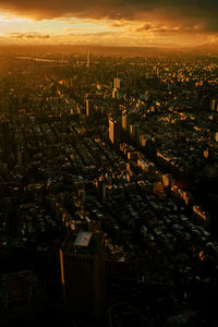 High angle view of illuminated cityscape