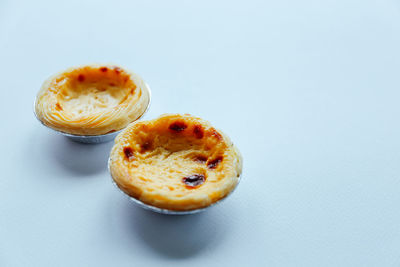 High angle view of cake on table against white background