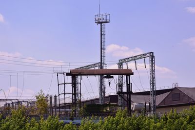 Low angle view of crane at construction site against sky