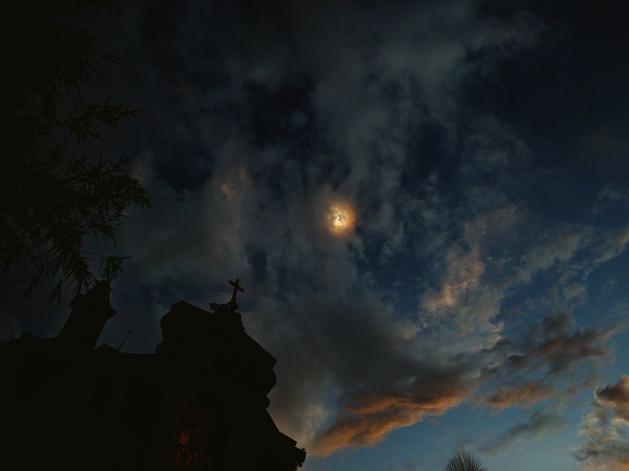 sky, cloud, darkness, night, silhouette, moon, nature, moonlight, beauty in nature, evening, scenics - nature, dawn, no people, full moon, outdoors, low angle view, tranquility, dramatic sky, tree, dark, sunset, space, illuminated, environment