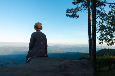 Rear view of man looking at mountain against sky