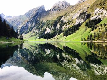 Scenic view of lake and mountains against sky