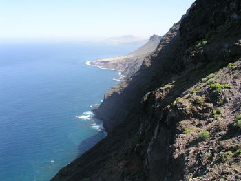 Scenic view of sea by mountains against clear sky
