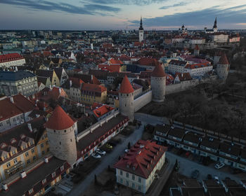 High angle view of buildings in city