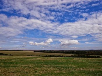 Scenic view of grassy field against cloudy sky