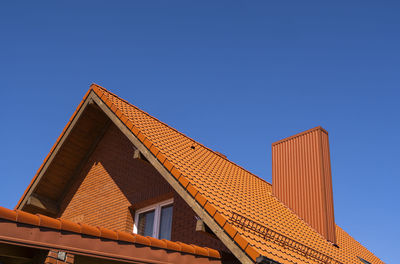 Low angle view of building against clear blue sky