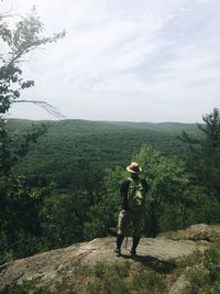Rear view of hiker looking at green landscape against sky