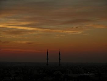 Aerial view of city at sunset
