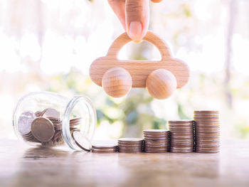 Close-up of coins on table