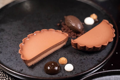 High angle view of chocolate cake in plate