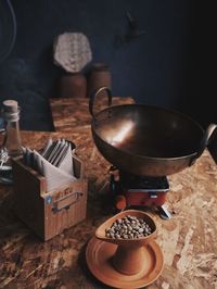 High angle view of coffee beans on table