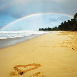 Scenic view of beach against rainbow in sky